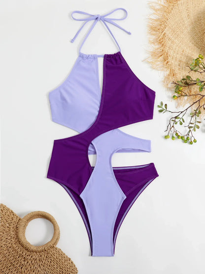 Sexy Purple Contrast One Piece Swimsuit - beachblom