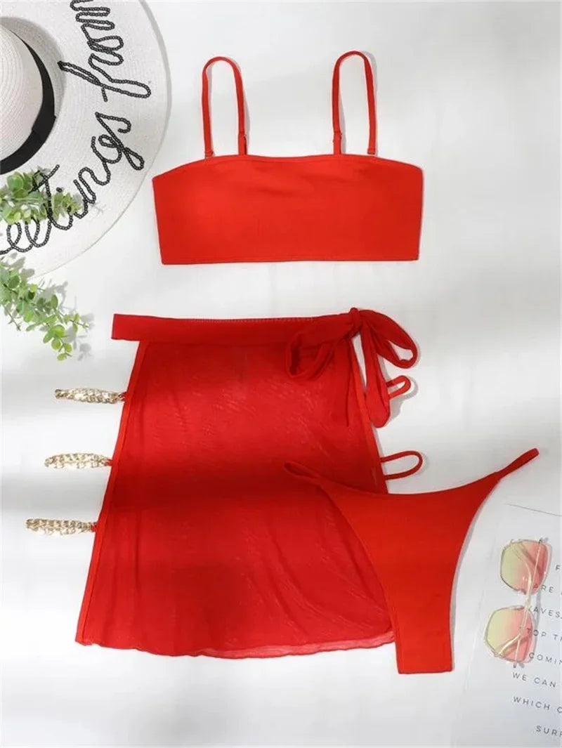 Sexy Solid Red 3 Piece Bikinis Set - beachblom