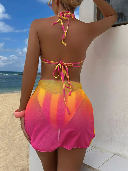 3 Pieces Rainbow Gradient Bikini Set - beachblom