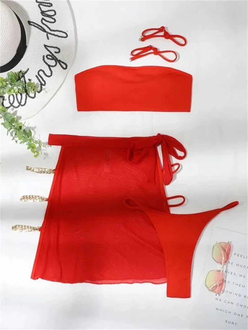 Sexy Solid Red 3 Piece Bikinis Set - beachblom