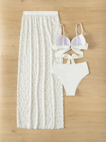 Sexy White 3 Pieces Skirt Bikinis Set - beachblom