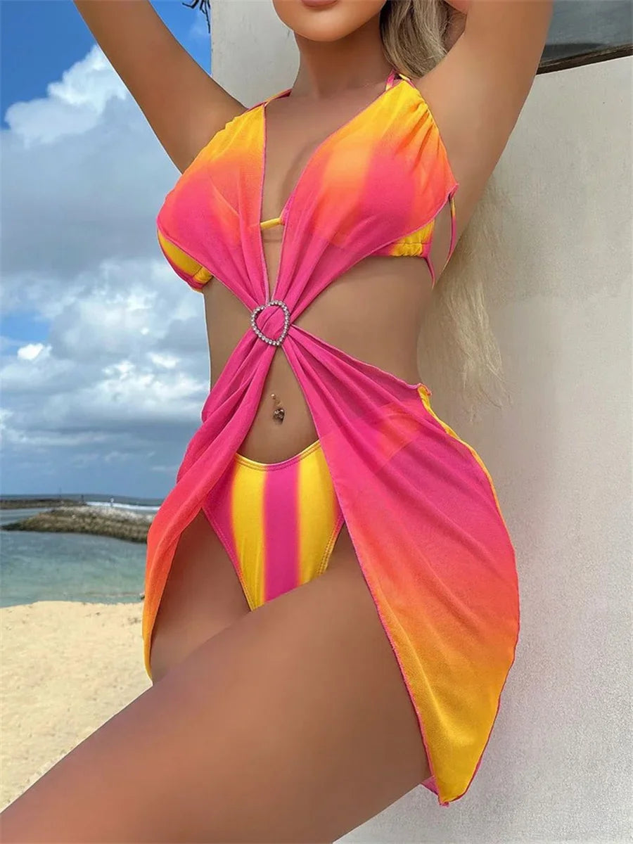 3 Pieces Rainbow Gradient Bikini Set - beachblom